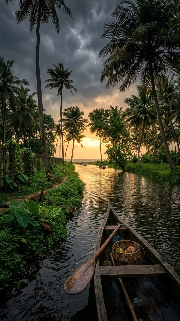 A small canoe on a narrow Kerala backwater beneath coconut palms.
