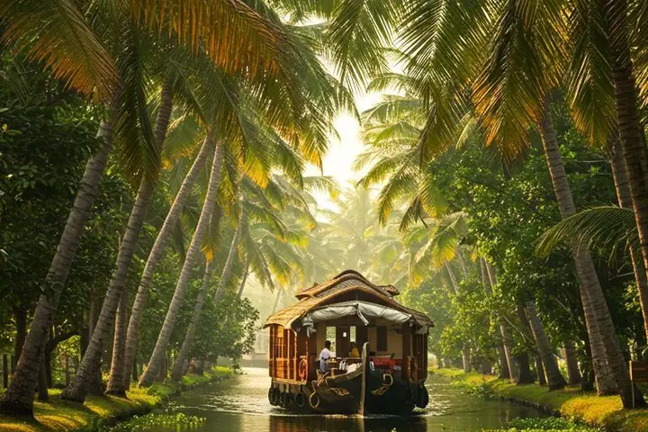 A Kerala houseboat moving through calm backwaters beneath coconut trees.