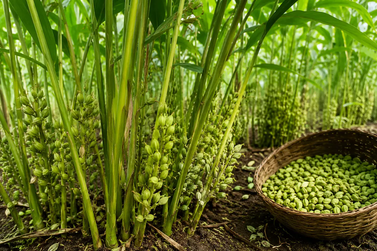 Green cardamom pods growing beside freshly harvested pods.